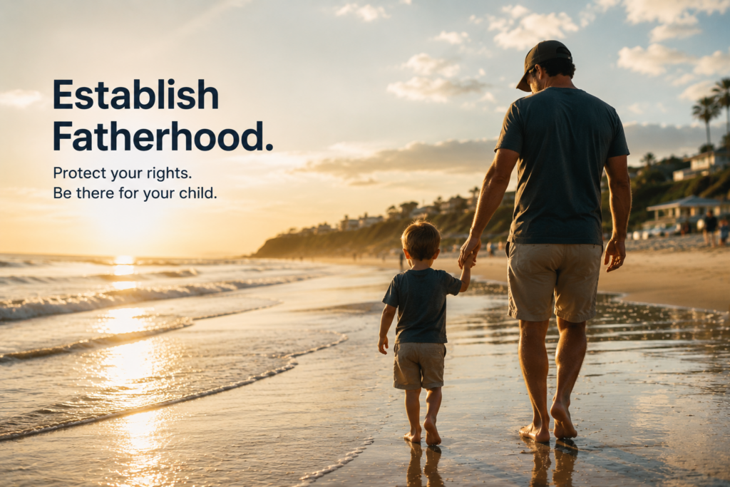 Father and young child walk hand-in-hand along a sunlit beach at sunset, symbolizing the importance of establishing legal fatherhood and protecting parental rights. The image includes the headline “Establish Fatherhood” and the message “Protect your rights. Be there for your child.”