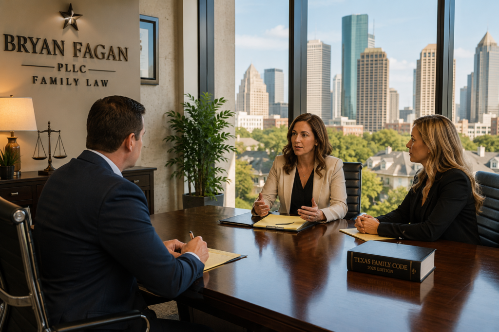 Family law mediation session in Houston office with a neutral mediator and parents working toward a divorce and child custody agreement under Texas law.
