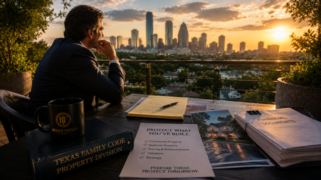 Attorney reviewing financial records and property documents while planning a Texas asset division strategy with the Houston skyline at sunset.