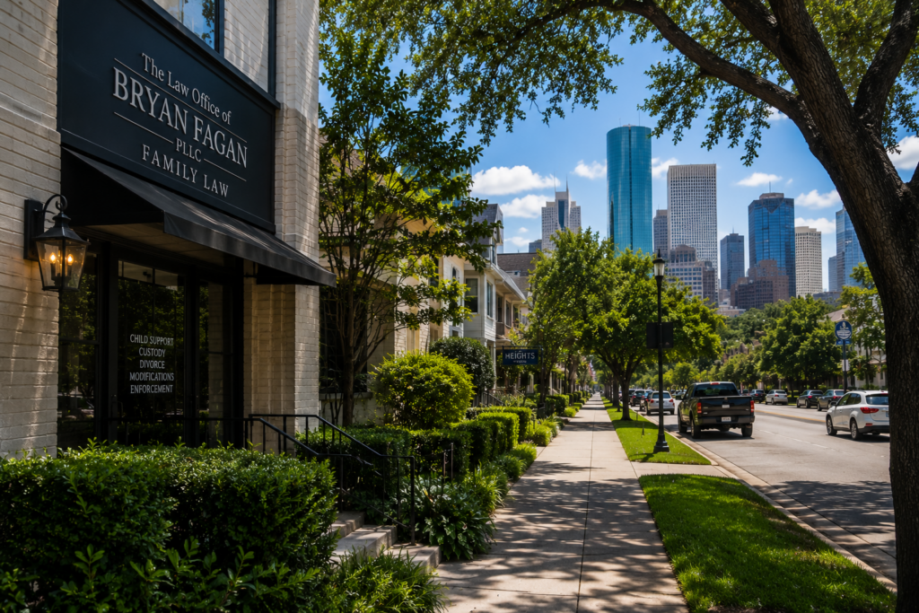 Family law office in Houston Heights, Texas, representing parents seeking guidance with child support establishment, modification, and enforcement under Texas family law.