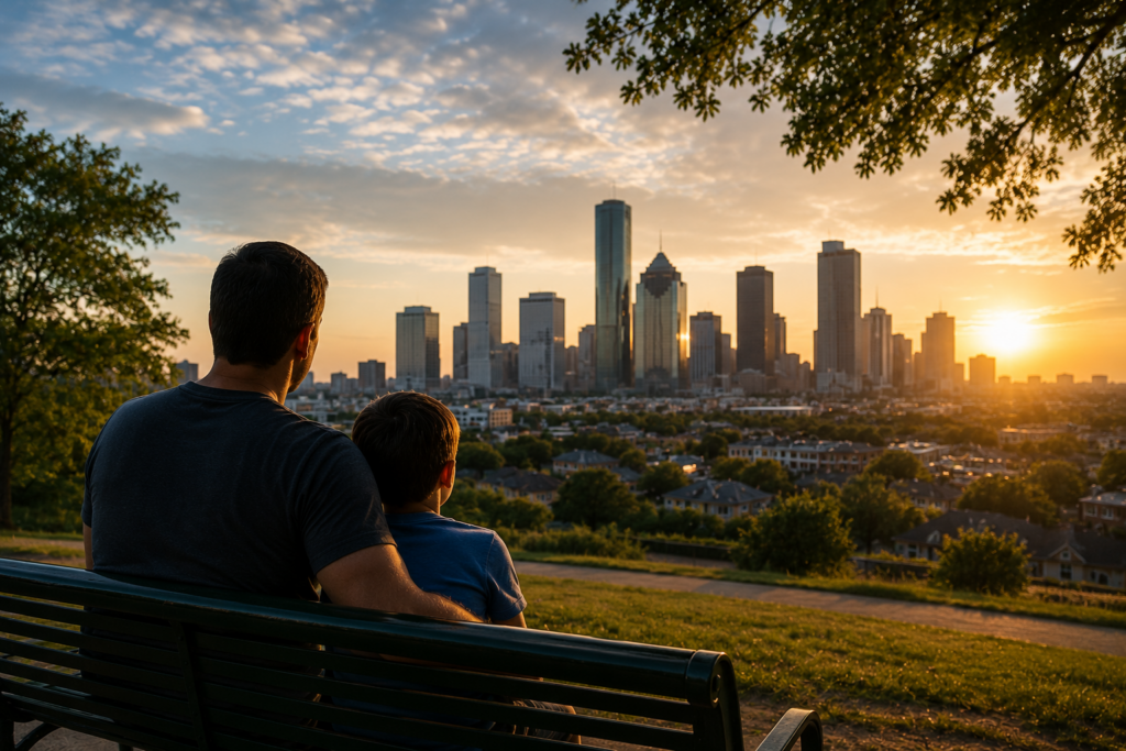 Father and son sitting together on a park bench overlooking downtown Houston while navigating a Texas child custody matter