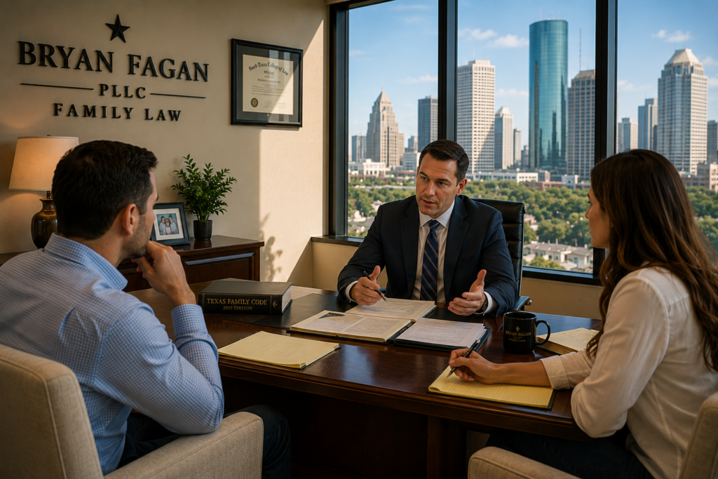 Texas family law attorney meeting with parents before mediation, reviewing strategy and parenting goals to help them prepare for a successful divorce and child custody settlement.