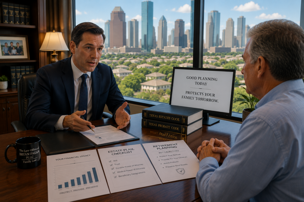 Retirement planning attorney meeting with a Houston Heights client to review estate planning documents, wills, trusts, beneficiary designations, and retirement asset protection strategies designed to help families avoid probate and preserve wealth for future generations.