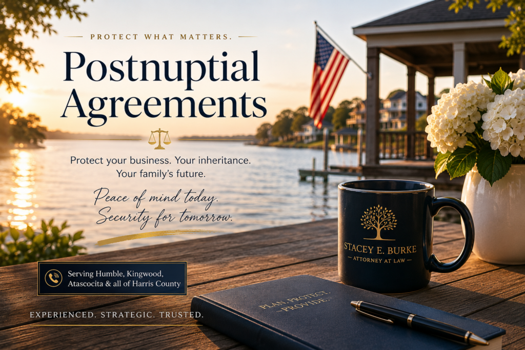 Wide-angle, photorealistic summer lakeside scene at golden hour featuring a wooden dock, calm water, and an elegant outdoor table with a coffee mug, notebook, and pen. Cinematic lighting creates a warm, professional atmosphere while text promotes postnuptial agreements as a way to protect a business, inheritance, and family future. The image conveys trust, security, financial planning, and legal guidance in a peaceful waterfront setting.
