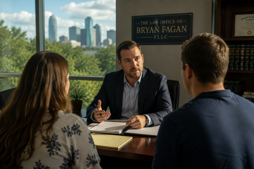 Texas family law attorney meeting with parents in a professional office to discuss child visitation, custody enforcement, and possession and access rights under Texas family law.