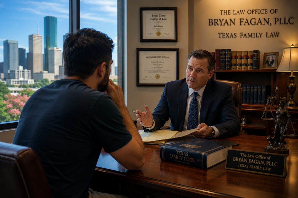 Father meeting with a Texas family law attorney to discuss the Texas Paternity Registry, parental rights, adoption notice requirements, and establishing paternity.