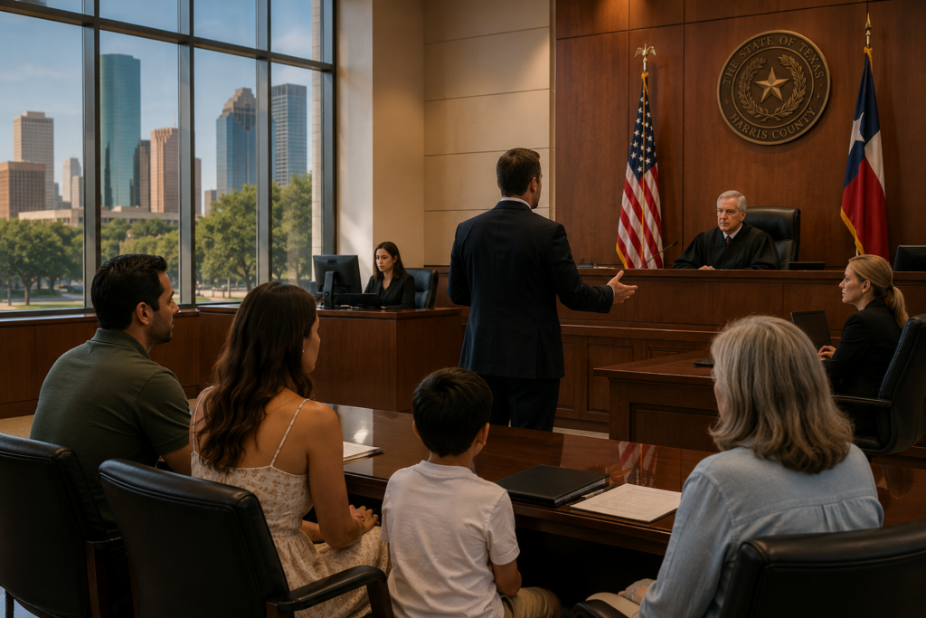 Attorney presenting evidence during a contested Texas adoption hearing in Harris County while a judge reviews parental rights and the child's best interests.