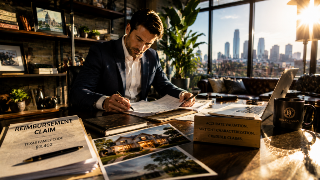 Attorney reviewing financial records, property valuations, and reimbursement claims while preparing for a contested Texas asset division case in a modern Houston office.
