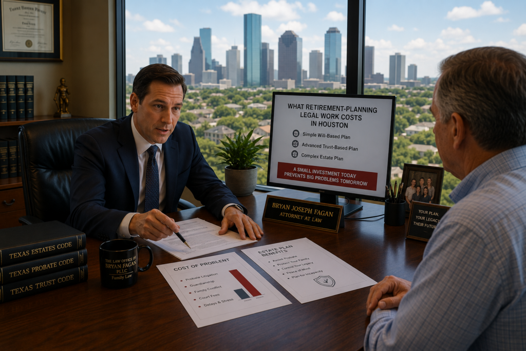 Retirement planning attorney explaining estate planning costs, wills, trusts, probate avoidance, and asset protection strategies to a Houston Heights client during a legal consultation in a modern office with city views.