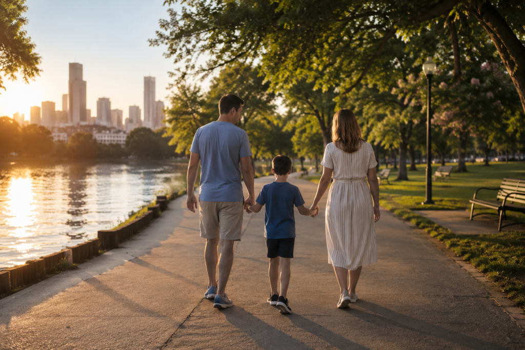 Parents and child walking together along a sunlit park path, symbolizing stability and support for children during a Texas divorce.