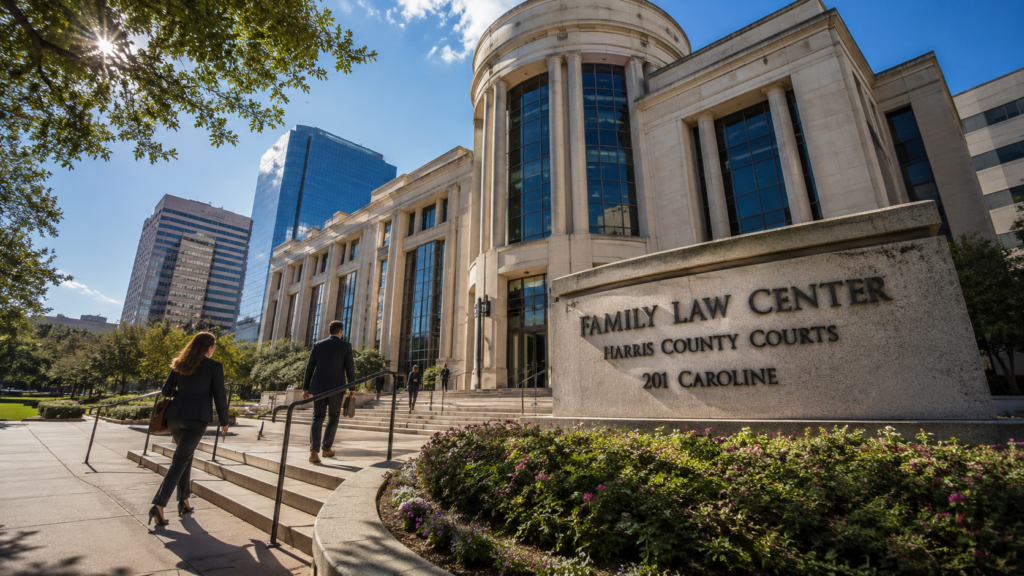 People entering the Harris County Family Law Center in Houston on a sunny summer day, representing the Texas divorce process, court proceedings, and family law matters in Harris County.