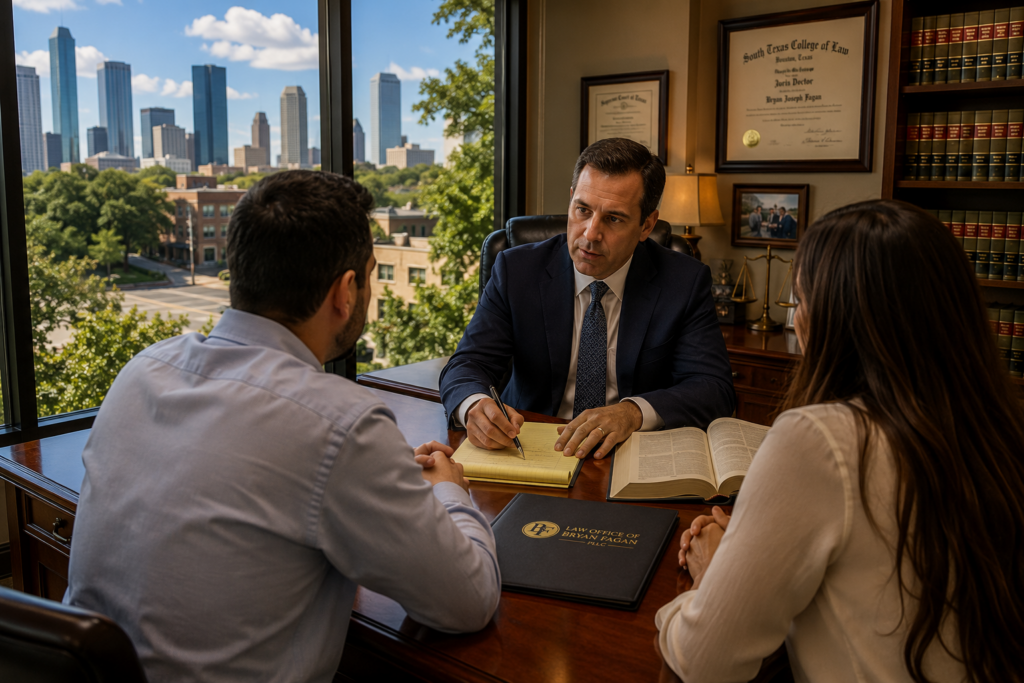 Common Law Divorce Attorney in Houston Heights Texas meeting with a couple to discuss informal marriage, property division, child custody, and divorce under Texas law.