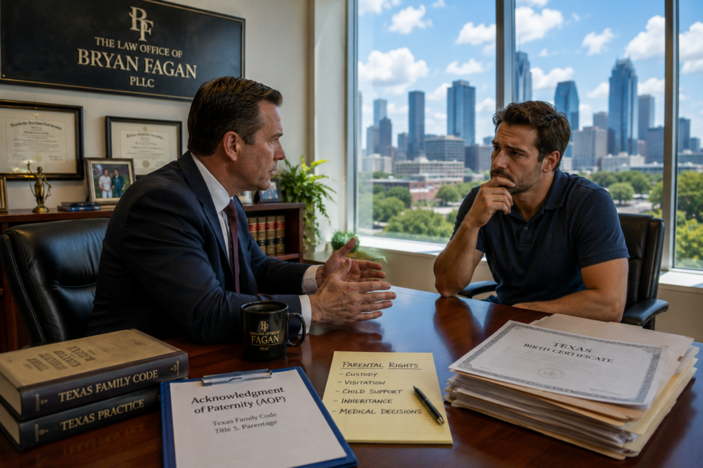 Texas family law attorney meeting with an unmarried father to discuss legal fatherhood, birth certificates, Acknowledgments of Paternity (AOP), custody rights, and parental responsibilities under Texas law in a modern Houston law office.
