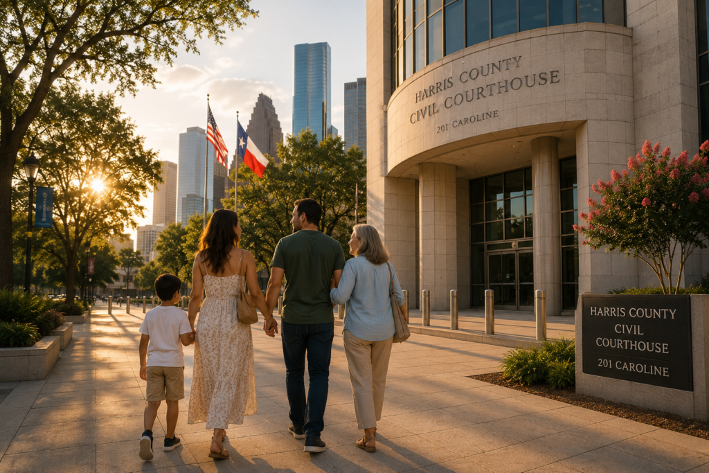 Family walking toward the Harris County courthouse in Houston during a Texas adoption proceeding, symbolizing the legal adoption process and permanent family stability.