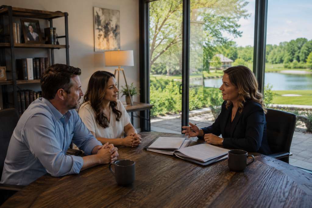 Married couple reviewing financial documents with a family law attorney during a postnuptial agreement consultation in Texas, discussing asset protection, financial disclosure, and enforceable marital agreements.