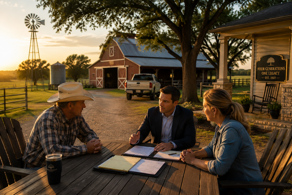 Texas family farm owners meeting with an attorney to discuss business succession planning, estate planning, and transferring a multi-generational farm and family business to the next generation during a summer evening in rural Texas.