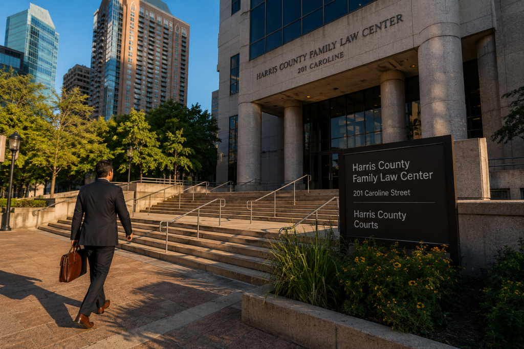 Business professional walking toward the Harris County Family Law Center in downtown Houston, symbolizing the legal process of a contested divorce in Texas.