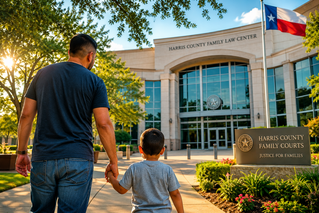 Father and child walking toward a family courthouse to establish paternity and protect parental rights in Texas