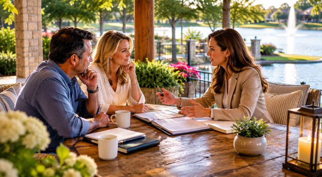 Married couple meeting with a family law attorney outdoors to discuss a Texas postnuptial agreement, asset protection, inheritance planning, and financial security for their family's future.