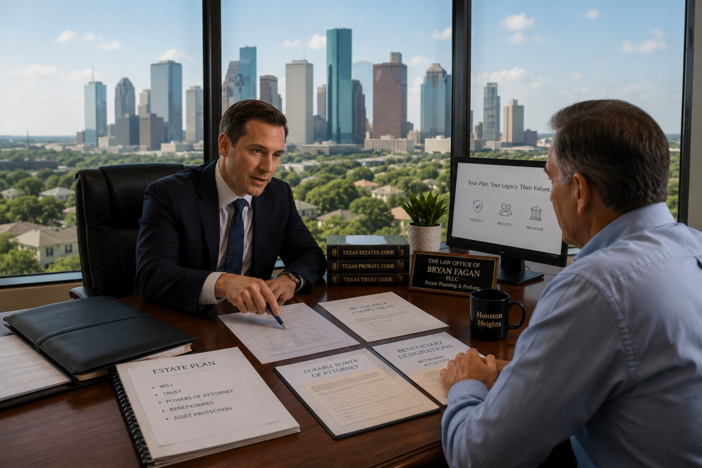 Retirement planning attorney meeting with a Houston Heights client to review estate planning documents, trusts, beneficiary designations, powers of attorney, and retirement asset protection strategies in a modern office setting.