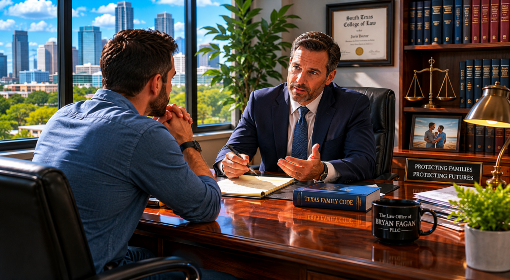 Texas family law attorney meeting with an unmarried father in a Houston law office to discuss the Texas Paternity Registry, parental rights, adoption notice requirements, and protecting a father's legal relationship with his child.