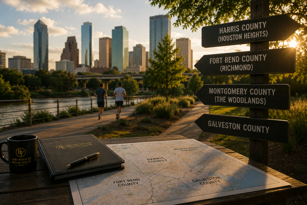 Map of Harris, Fort Bend, Montgomery, and Galveston counties illustrating how residency and county lines can affect where a common law divorce is filed in Texas.