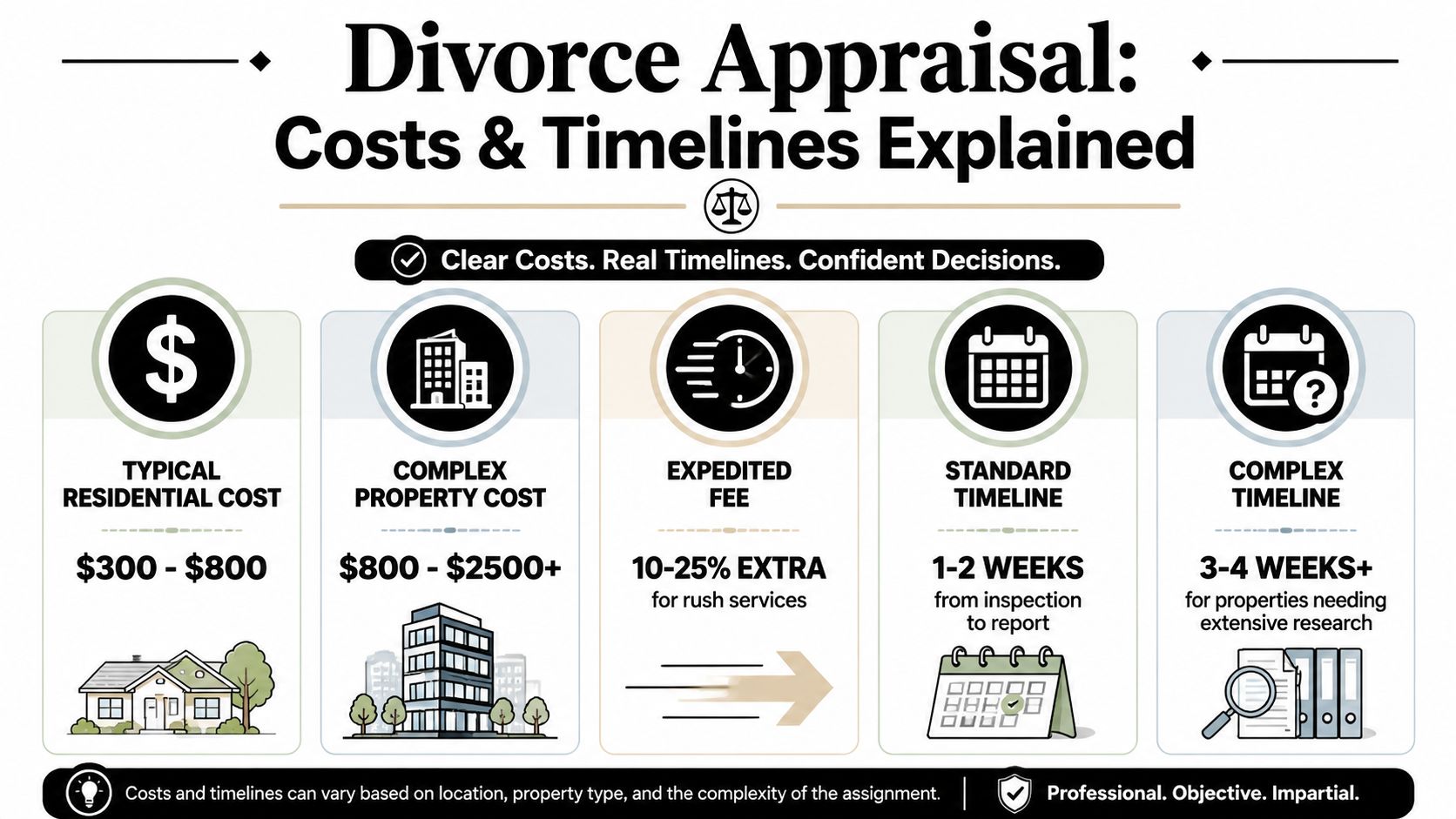 An infographic detailing the typical costs and timelines associated with residential and complex divorce property appraisals.