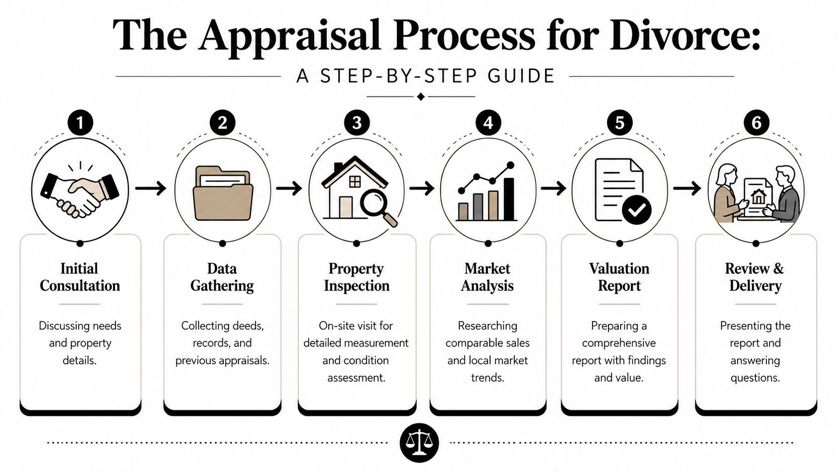A six-step infographic illustrating the professional property appraisal process for divorce cases, detailing each required phase.
