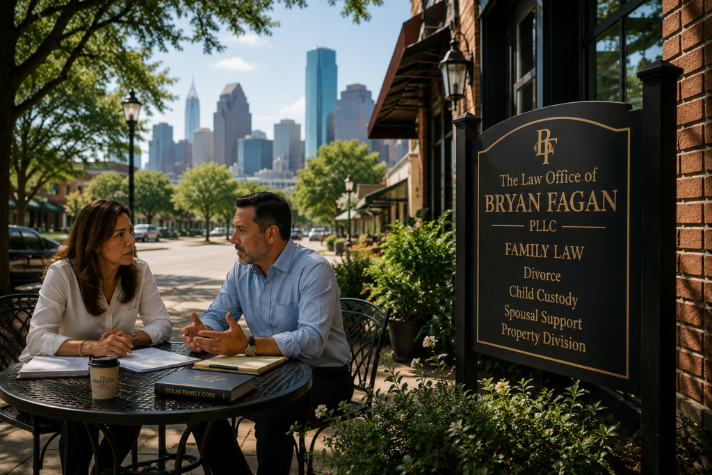 Couple meeting outdoors near a Houston Heights family law office to discuss Texas spousal maintenance, divorce strategy, and contractual alimony options with an attorney.