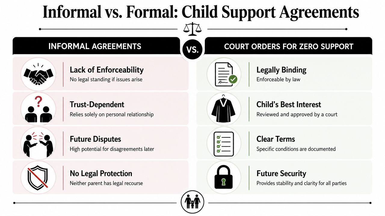 A comparison chart showing the differences between informal agreements and formal court orders for child support.