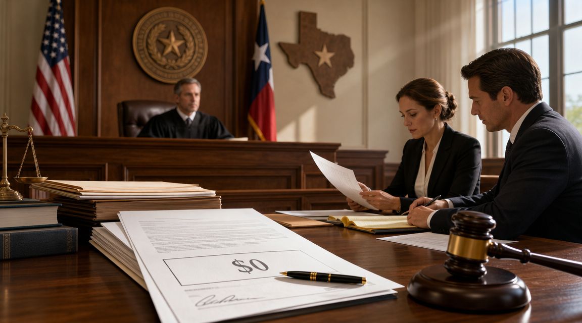A professional legal setting in a courtroom with attorneys reviewing documents regarding child support.