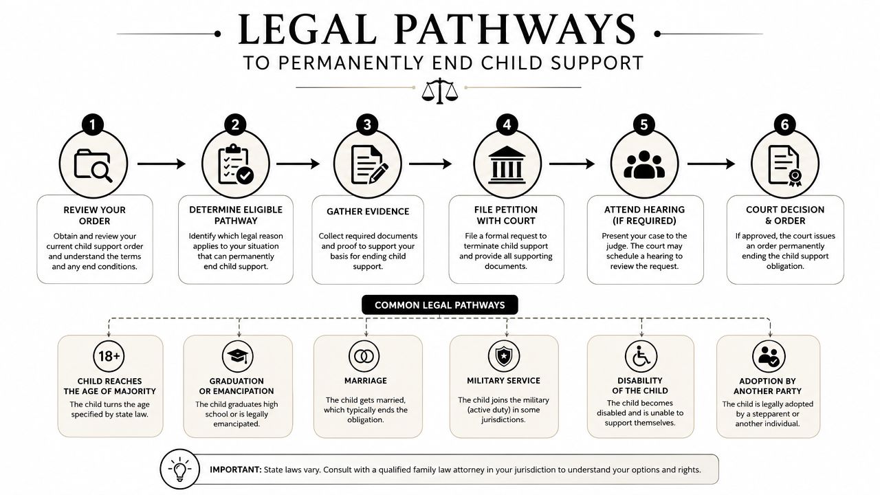 An infographic showing six steps to legally terminate child support, followed by common eligible scenarios.