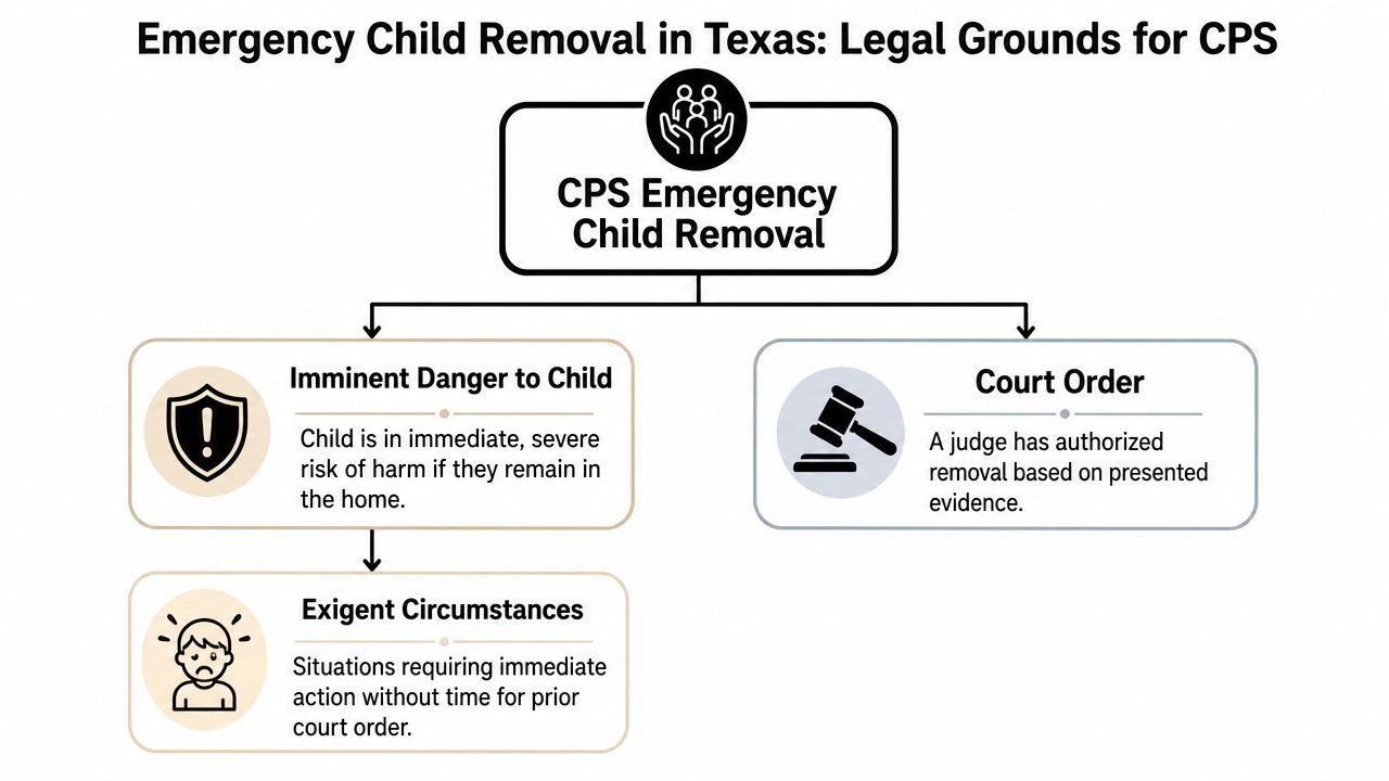 A flowchart outlining the legal grounds for emergency child removal by CPS in the state of Texas.