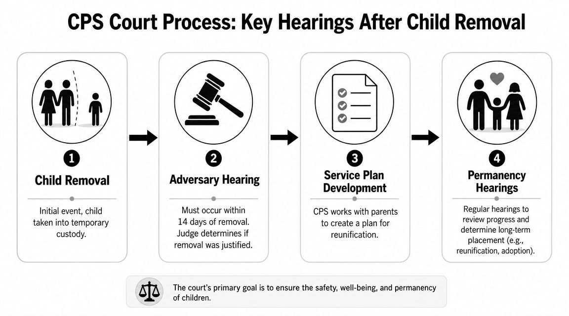A flow chart illustrating the four key steps in the CPS legal process after a child removal.
