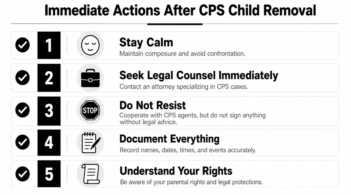 A five-step instructional guide listing immediate actions to take following a CPS child removal incident.