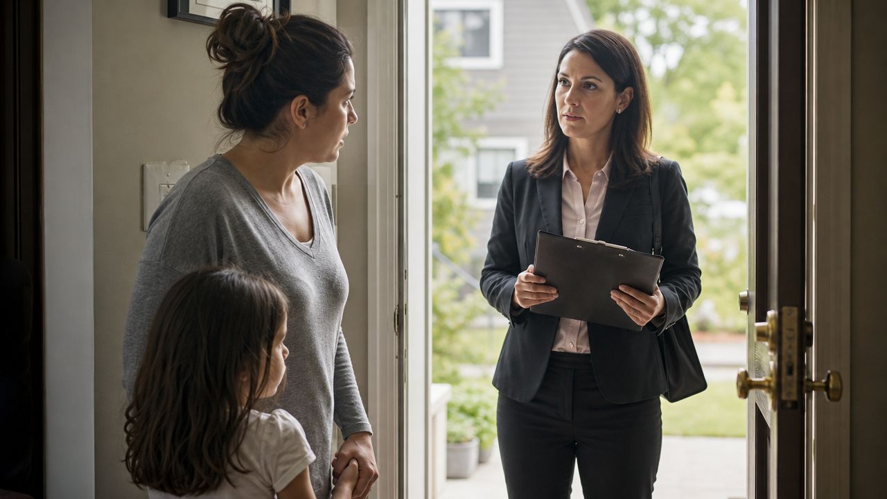 A social worker holding a clipboard speaks to a mother and her young daughter at a doorway.