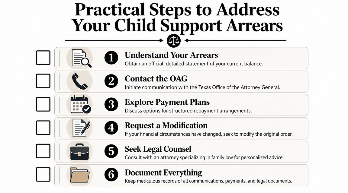 A checklist infographic titled Practical Steps to Address Your Child Support Arrears outlining six helpful procedures.