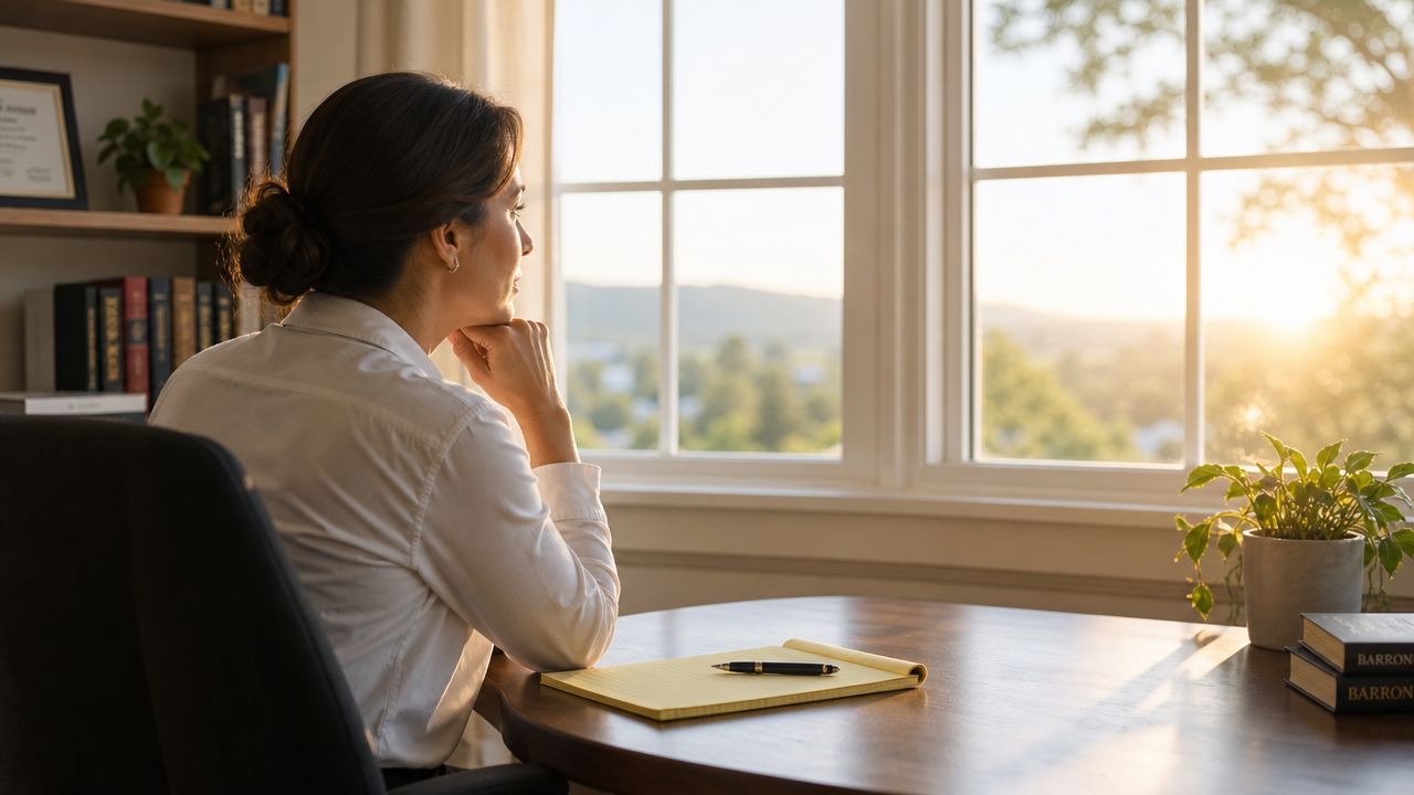 A professional woman in a white shirt looking out a bright window while working from home.
