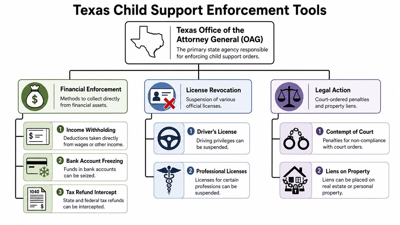 A diagram outlining enforcement tools used by the Texas Office of the Attorney General for child support.