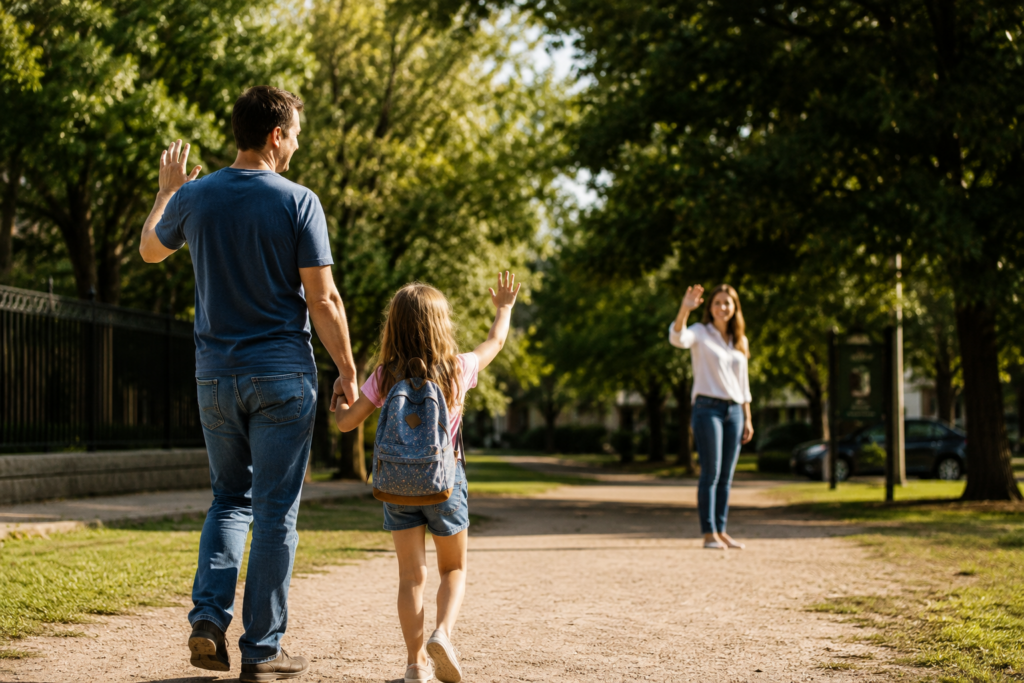 Father and daughter walking together during a child visitation exchange in a sunny Houston neighborhood park, illustrating Texas possession and access rights, co-parenting, and maintaining strong parent-child relationships after divorce.