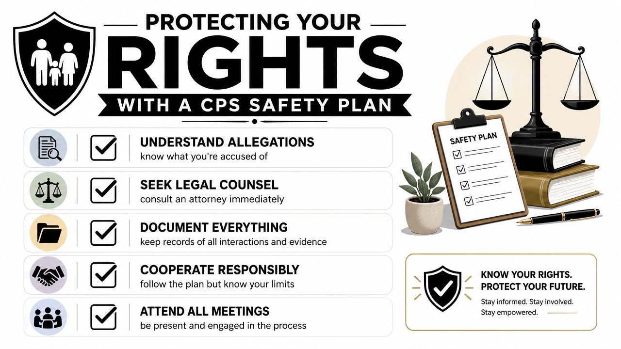 An infographic titled Protecting Your Rights With a CPS Safety Plan listing five essential steps for parents.