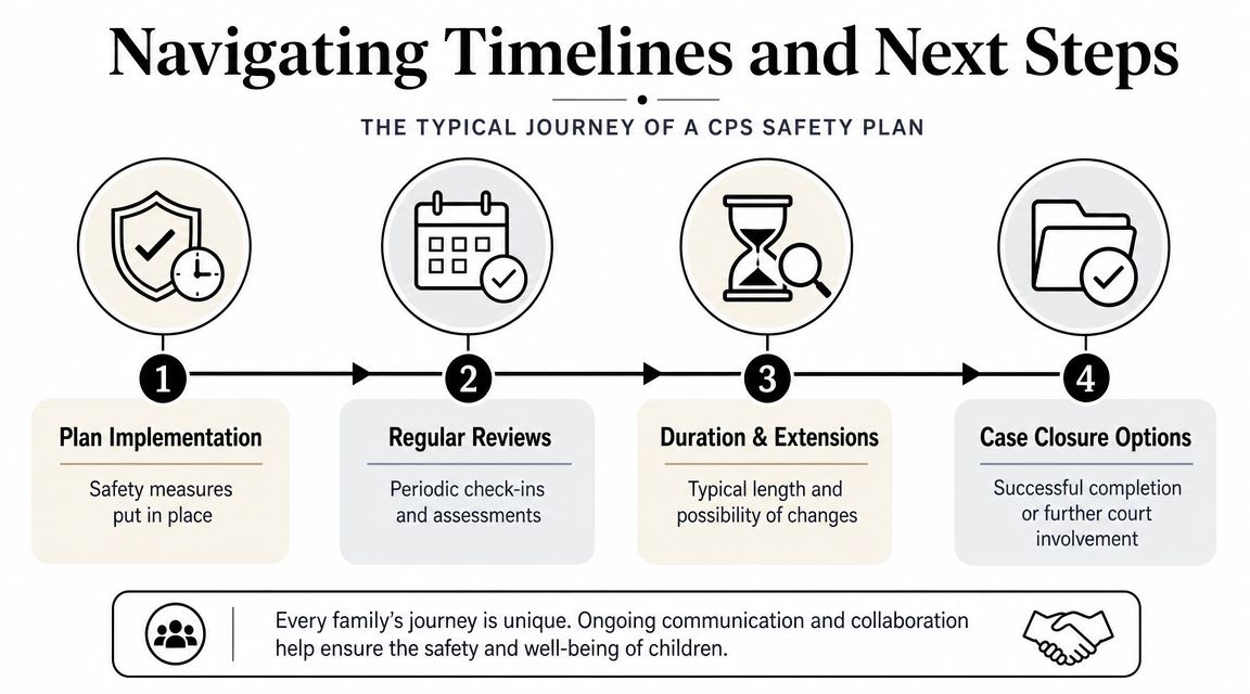 A diagram illustrating the four typical stages of a CPS safety plan process for families.