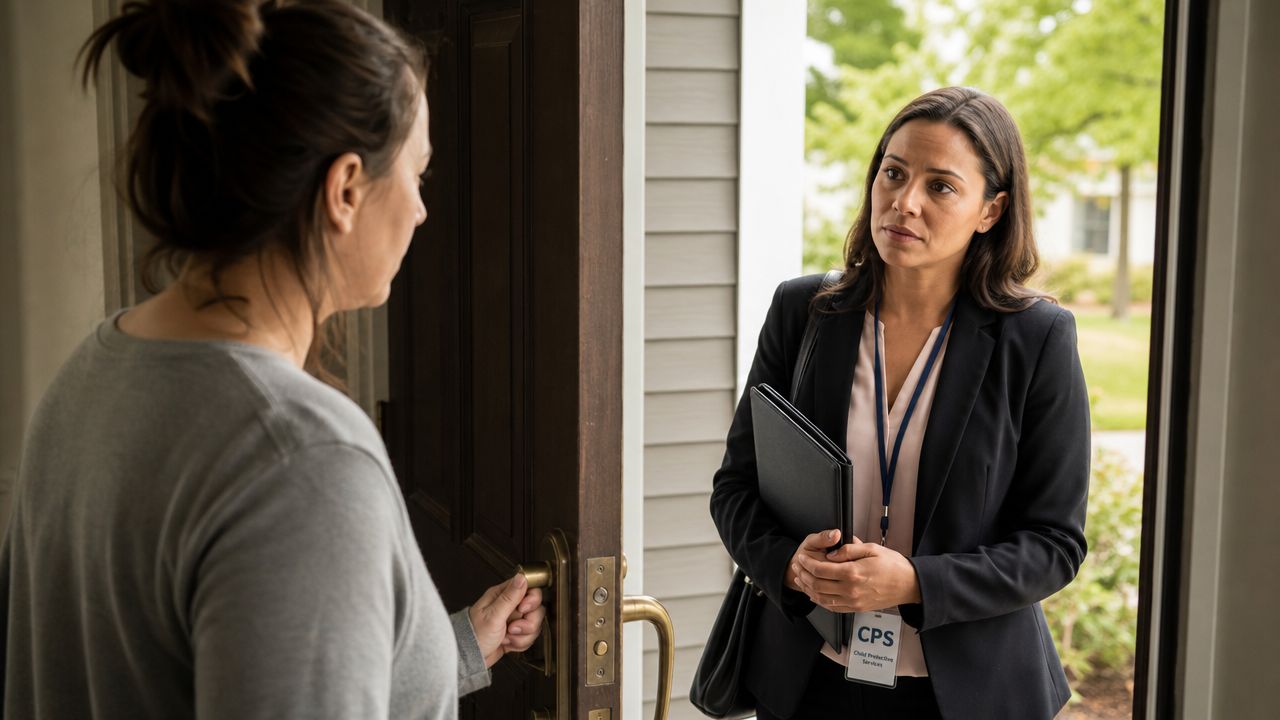 A social worker wearing a CPS badge stands at an open door speaking with a resident.