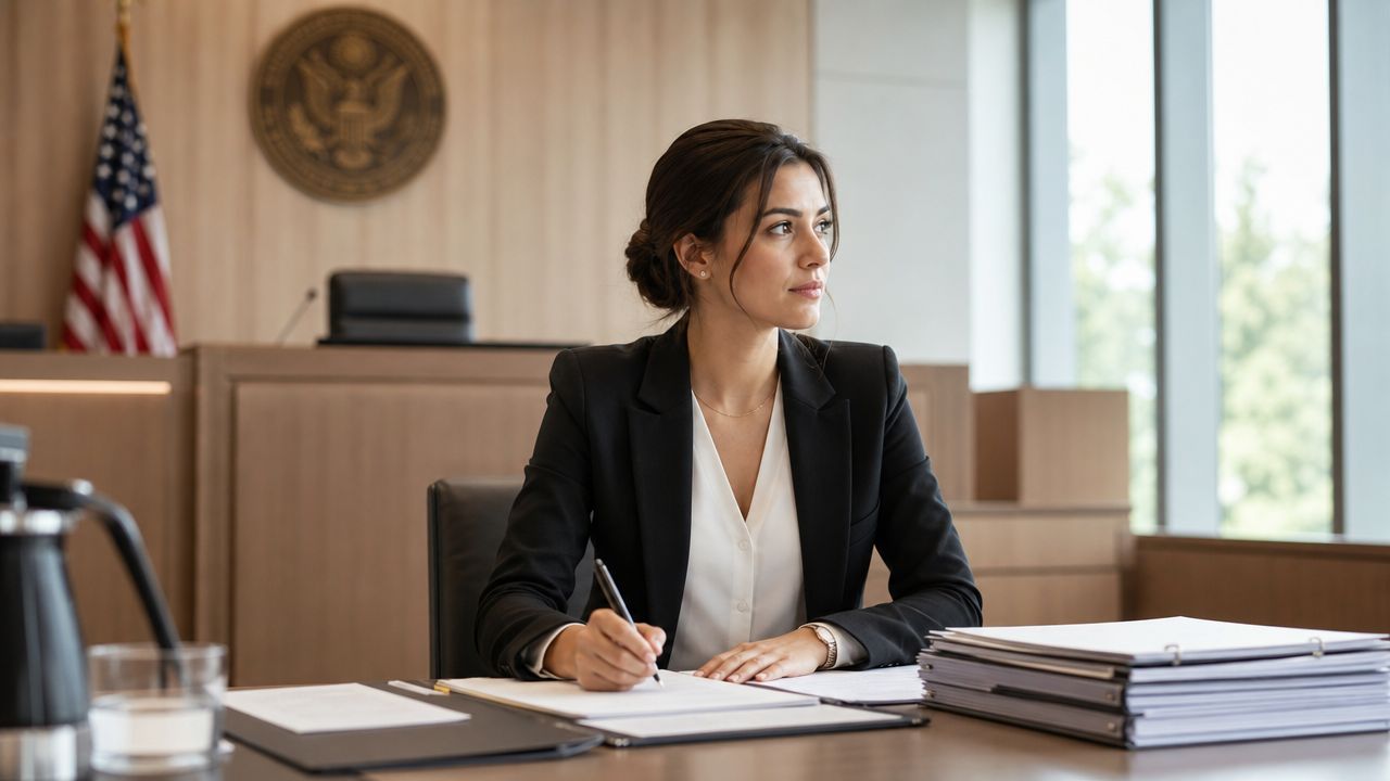 A professional female attorney writing legal documents in a courtroom setting, appearing focused and thoughtful.