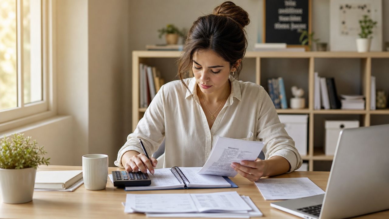 A focused young woman sitting at a desk and reviewing financial documents with a calculator and laptop.