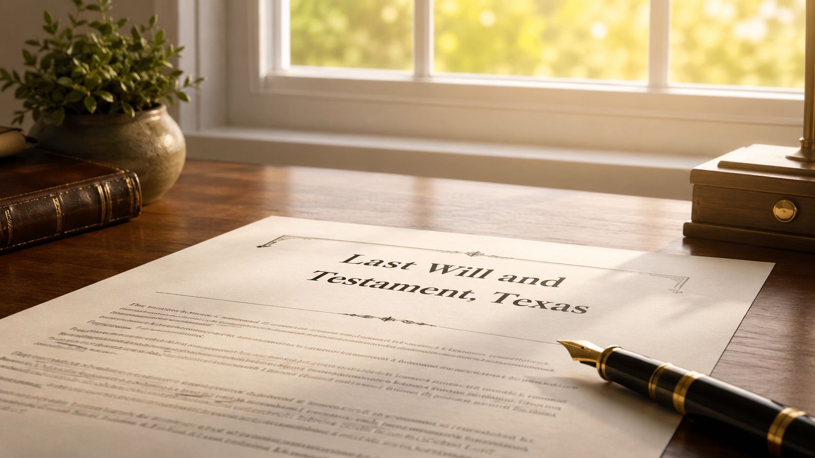 A Last Will and Testament document for Texas sitting on a wooden desk with a fountain pen.