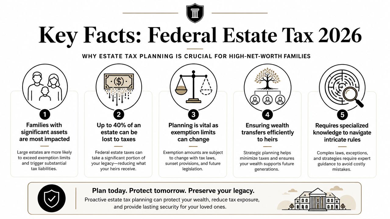 An infographic titled Key Facts: Federal Estate Tax 2026 outlining reasons why planning is important for families.