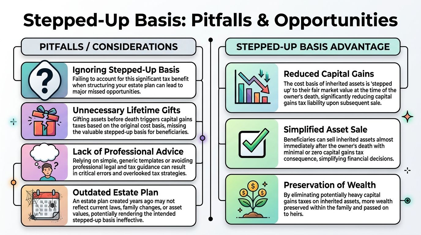 An infographic titled Stepped-Up Basis: Pitfalls and Opportunities outlining tax benefits for estate planning and beneficiaries.