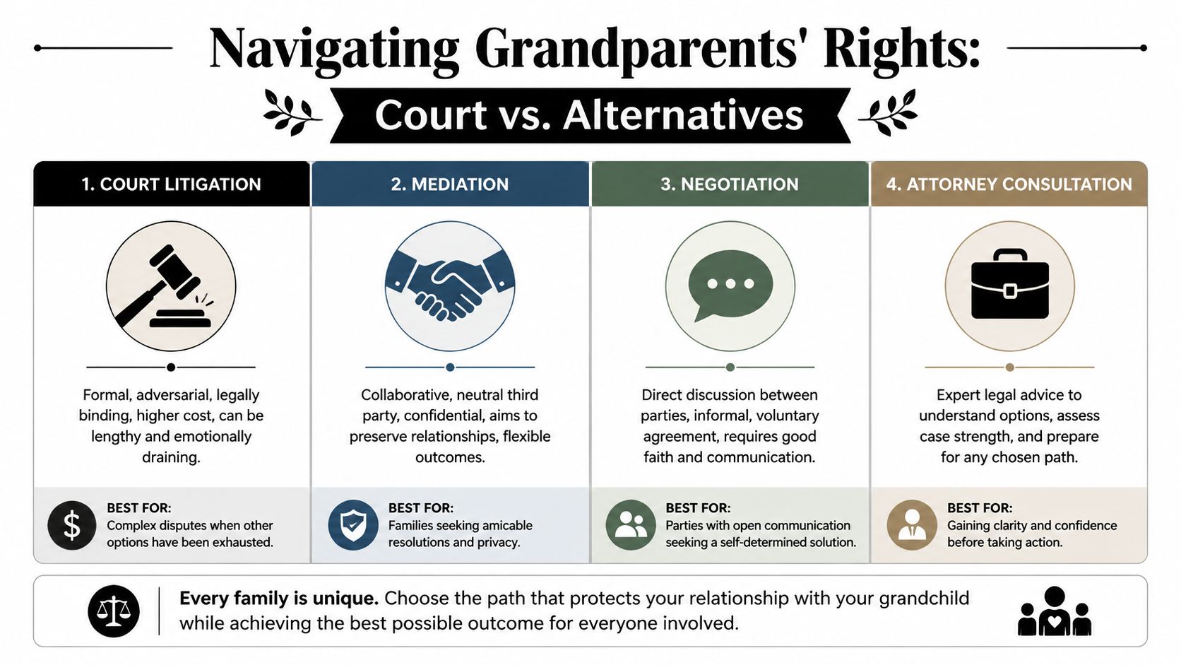 An infographic titled Navigating Grandparents Rights explaining the four options: court litigation, mediation, negotiation, and attorney consultation.