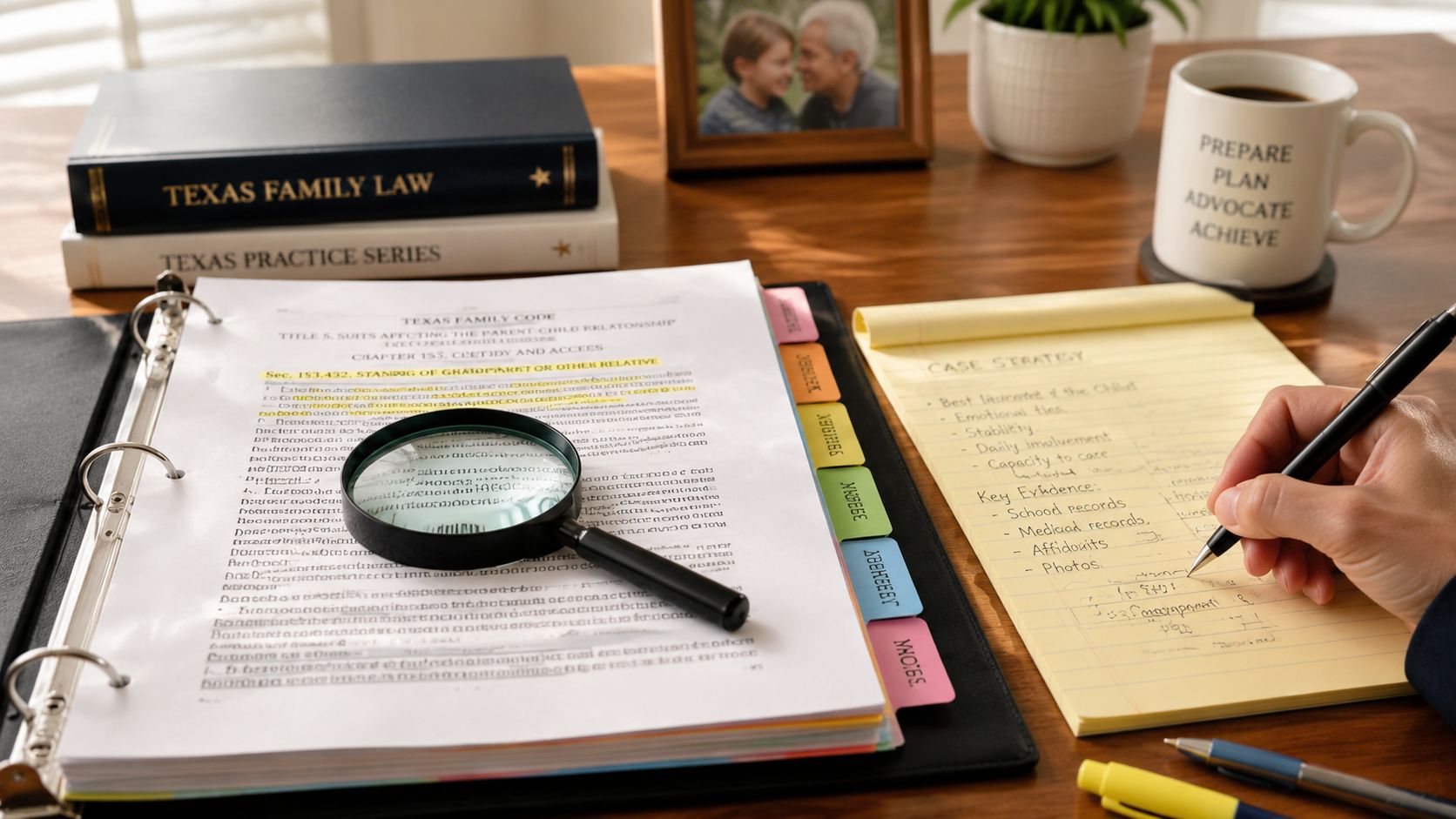 A workspace featuring legal documents, a magnifying glass, and notes on a case strategy for family court.